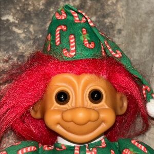 VTG Russ Holiday Troll Doll with Red Hair and Green Candy Cane Outfit. 7 inches